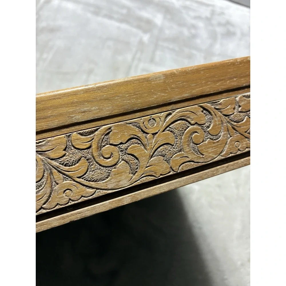 Jewelry Box Geometric Wood Carved‎ Side Velvet Mustard Lining Vintage MCM *flaws